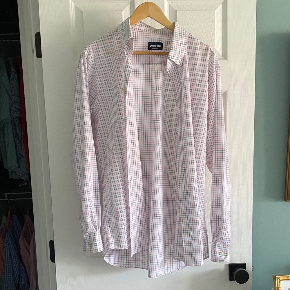 Land’s End | Men's Long Sleeve Travel Kit Shirt | Pink & White plaid